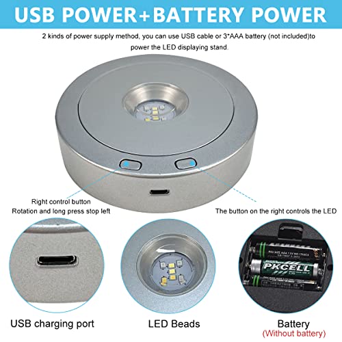 HASTHIP® 2PCS Rotating Display Stand with Colored Lights Lighted LED Base for Glass Art 4 Revolving 8 Light Modes USB Charging Battery Operated Without Battery HASTHIP® 2PCS Rotating Display Stand with Colored Lights Lighted LED Base for Glass Art 4 Revolving 8 Light Modes USB Charging Battery Operated Without Battery
